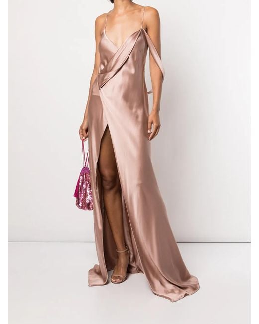 Michelle Mason Pink Silk Wrap Floor-Length Gown