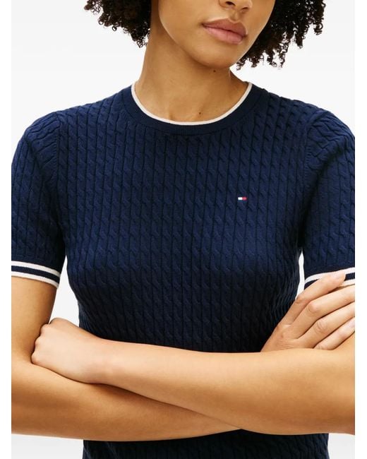 Tommy Hilfiger Blue Cable-Knit Striped-Trims Short-Sleeved Sweater