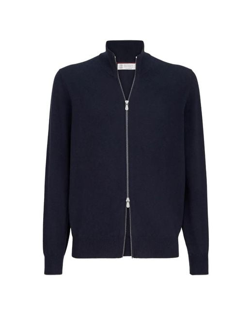 Brunello Cucinelli Blue Cardigan En Cachemire À Col Montant for men