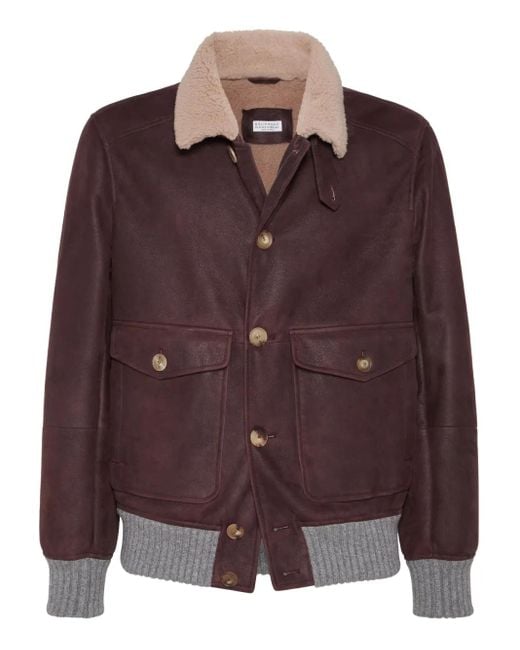 Brunello Cucinelli Leren Jack Met Lammy Kraag in het Brown voor heren