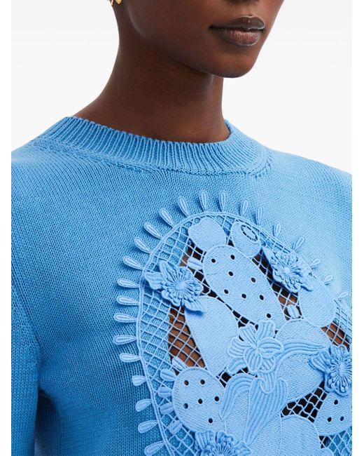 Oscar de la Renta Blue Cactus-embroidered Fine-knit Jumper