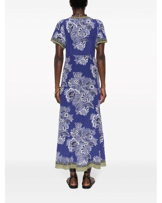 Etro Blue Floral-print Silk Maxi Dress