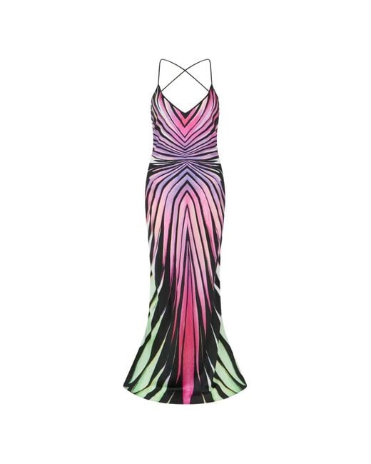 Roberto Cavalli Purple Robe Longue Ray Of Paradise À Bretelles Croisées