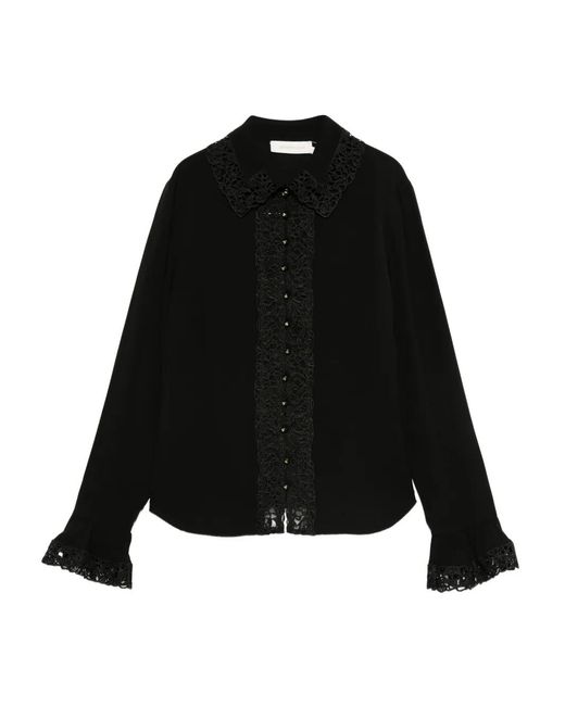 Zimmermann Black Lace-Trimmed Ruffled Blouse
