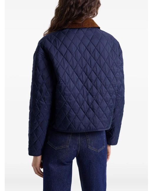 Sporty & Rich Blue Quilted Corduroy-Collar Puffer Jacket