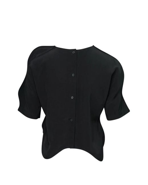 Pushbutton Black Blouse À Ourlet Ondulé Et Manches Courtes