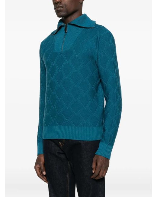 Canali Blue Diamond-Pattern Zip-Neck Sweater for men