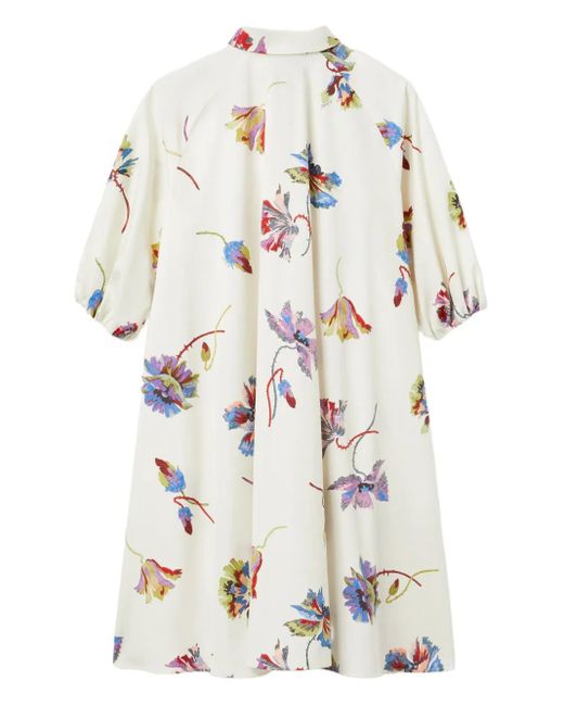 LaDoubleJ White Sunburst Floral-Print Puff-Sleeve Mini Dress
