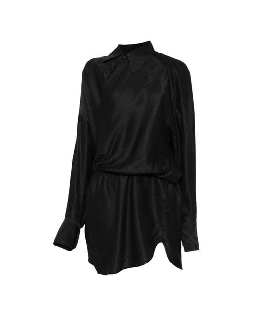Petar Petrov Black Striped Gathered-Waist Mini Shirt Dress