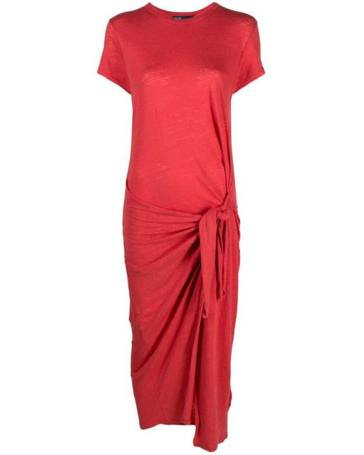 Robe t-shirt détail noué jersey de lin Polo Ralph Lauren en coloris Red