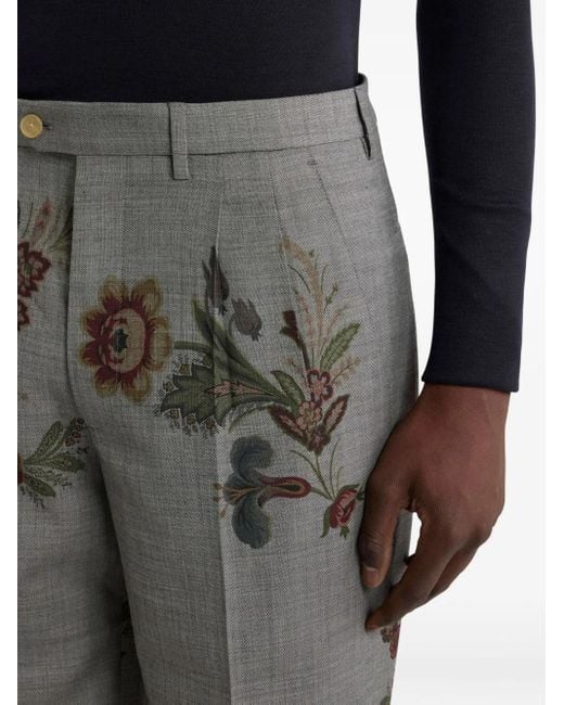 Etro Gray Floral-Printed Pleated Trousers for men