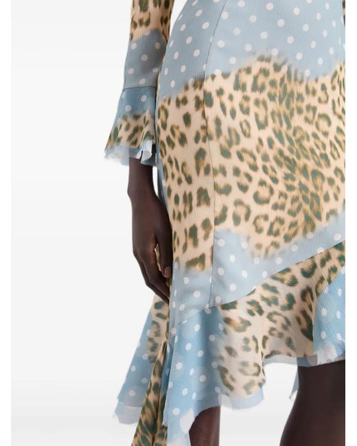 Nina Ricci Blue Leopard-Print Polka-Dot Midi Dress