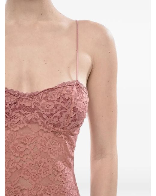 Oseree Pink Lace-Overlay Fitted Midi Dress