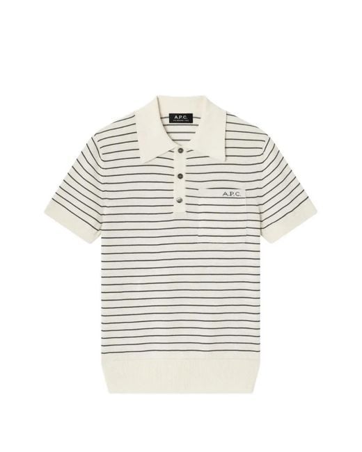 A.P.C. White Fitted Striped Ecru Polo