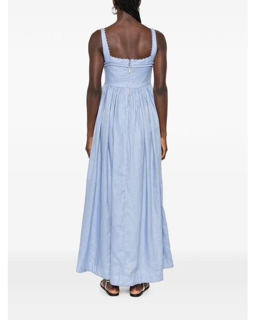 Agua Bendita Blue Robe Longue Barbara À Fleurs Brodées En Lin