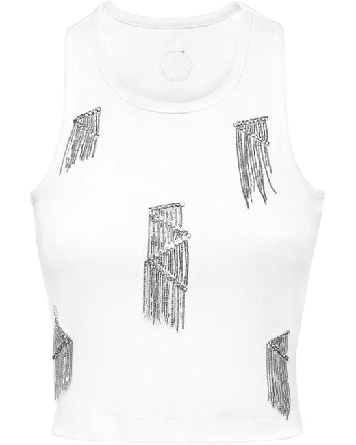 Philipp Plein White Cropped Tank Top With Intricate Fringe Detailing