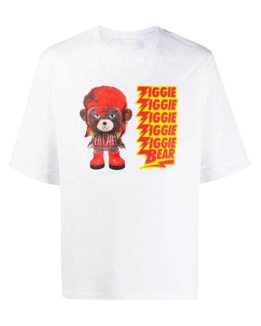 Neil Barrett White Ziggie Bear Print Cotton T-Shirt for men