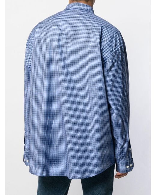 Balenciaga Blue Embroidered Check Print Shirt for men
