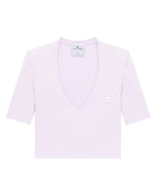 Courreges Pink Ribbed Knit V-Neck Top