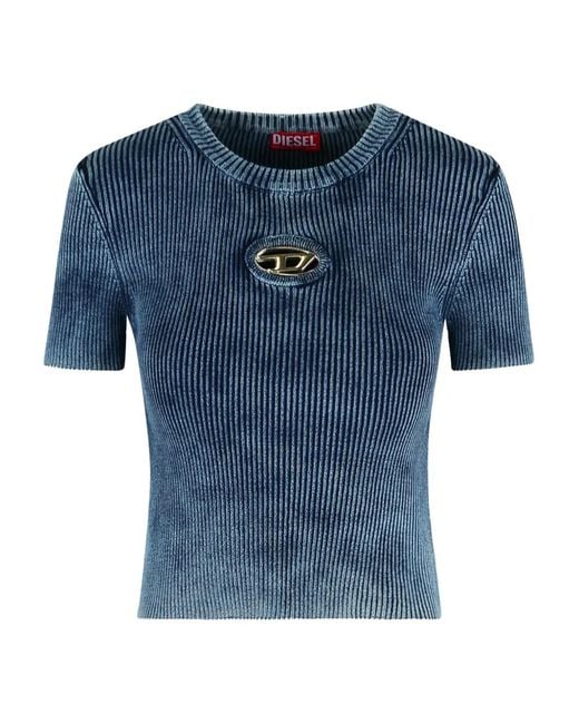 DIESEL Blue Geripptes T-Shirt Mit Ovalem Logo