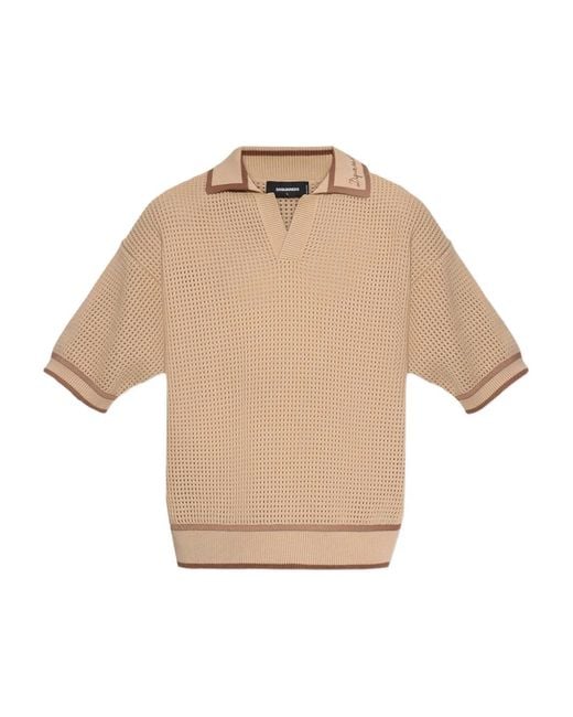 DSquared² Natural Open Knit Embroidered T-Shirt for men
