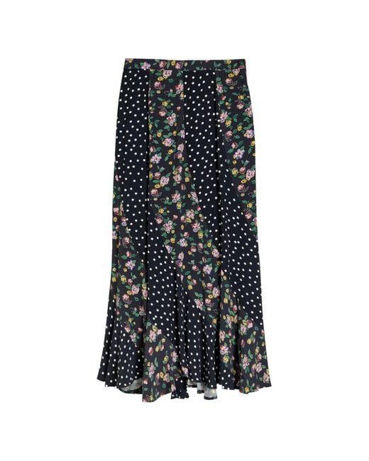Rixo Black Polka-Dot Floral-Print Midi Skirt