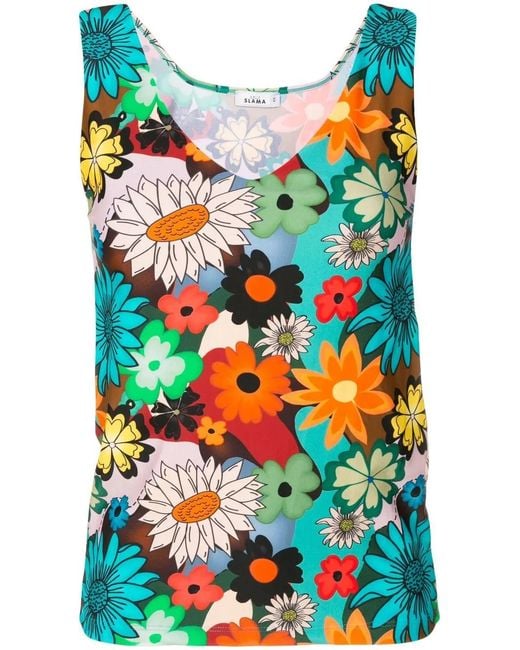 Amir Slama Blue Floral-Print V-Neck Vest Top