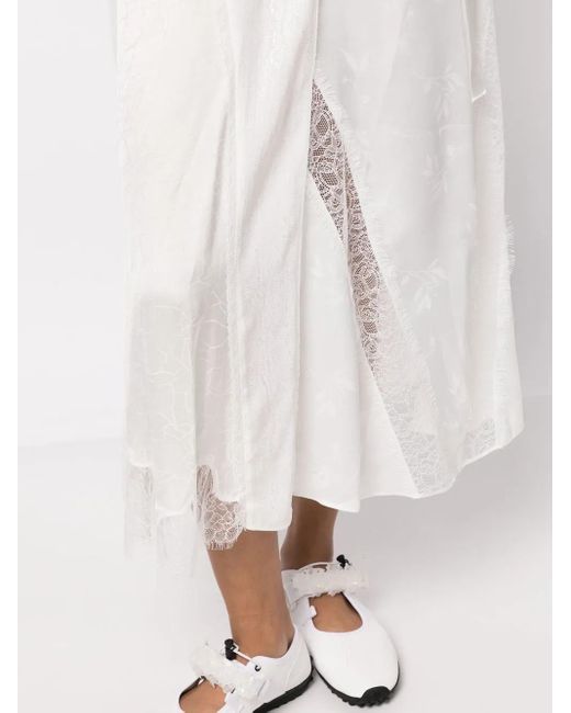 Goen.J White V-Neck Lace-Trim Midi Dress