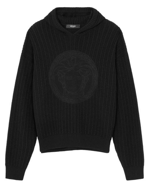 Versace Black Medusa-Embroidered Cable-Knit Hoodie for men