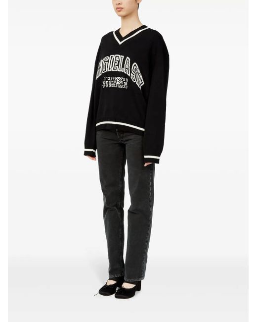 MM6 by Maison Margiela Black Cotton V-Neck Sweater