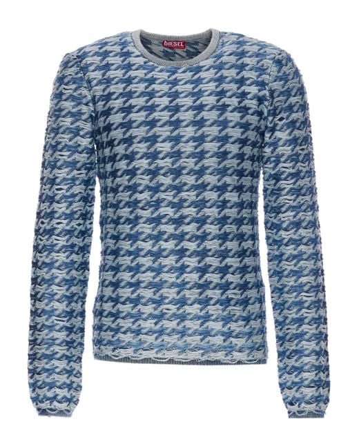 DIESEL Blue Houndstooth Crew-Neck Sweater for men