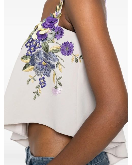 Gemy Maalouf White Embroidered-Flowers One-Shoulder Top