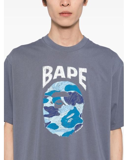 A Bathing Ape Blue Graphic-Print Cotton T-Shirt for men