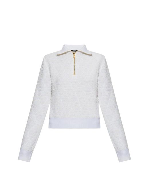 Balmain White Half-Zip Textured-Knit Sweater