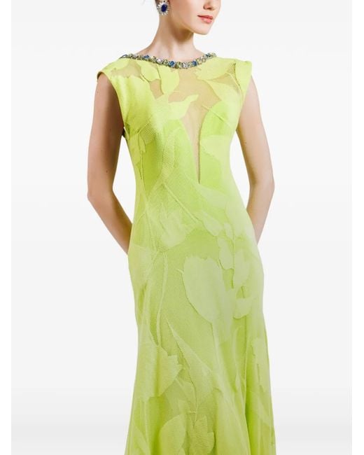 Gemy Maalouf Green Patterned Lace Maxi Dress