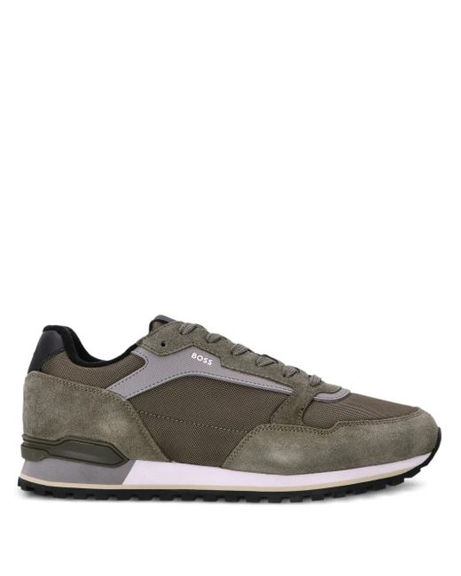 Boss Gray Suede-Trimmed Mesh Sneakers for men