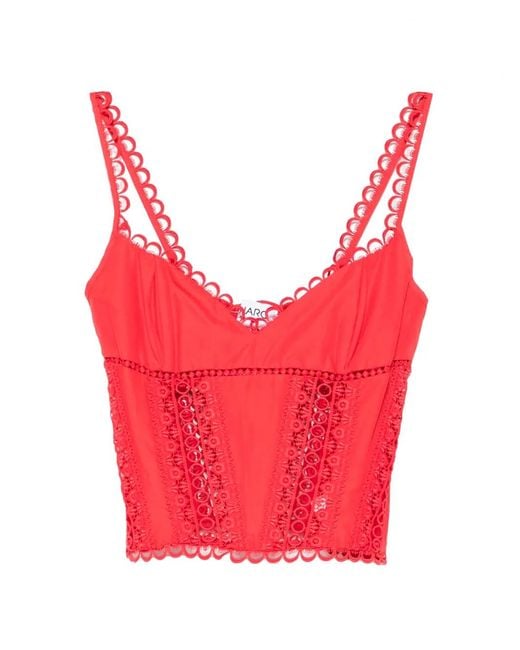 Charo Ruiz Red Poppy Scalloped-Trim Lace-Insert Top