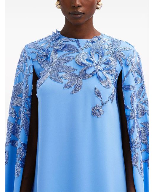 Oscar de la Renta Blue Floral Bead-embellished Cape Maxi Dress
