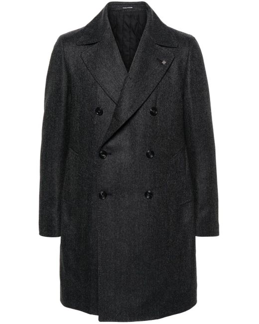 Tagliatore Black Herringbone-pattern Double-breasted Coat for men