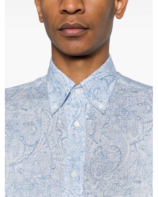Brunello Cucinelli Blue Paisley-print Linen Shirt for men