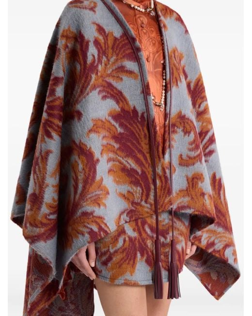 Etro Red Leaf-Jacquard Tassel Cape