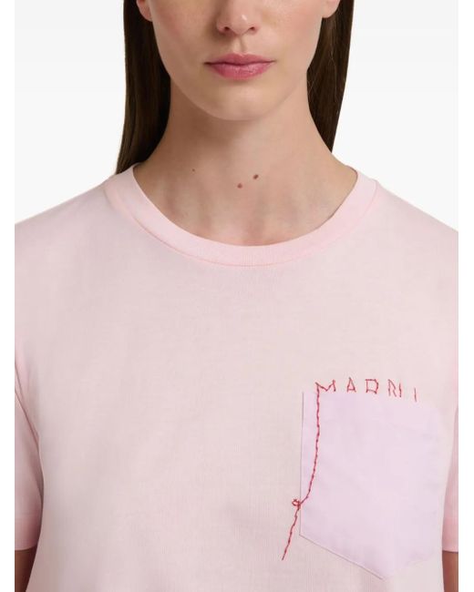 Marni Pink Cotton T-Shirt With Handstitched Logo