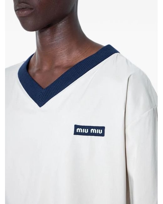Miu Miu White Logo-Patch V-Neck Sweater for men