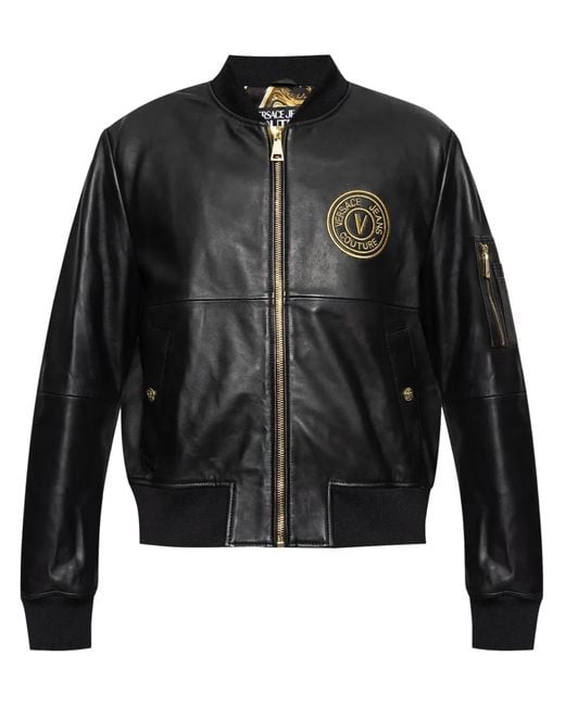 Versace Jeans Couture Black V-Emblem Leather Bomber Jacket for men