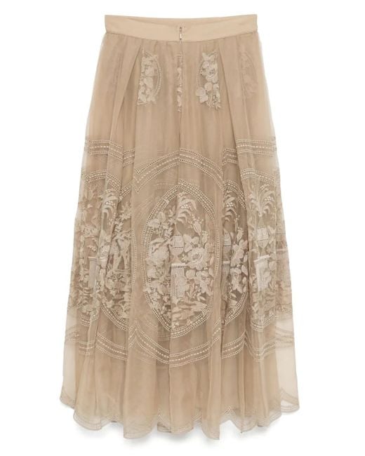 Elie Saab Natural Embroidered Organza Midi Skirt