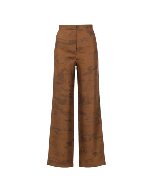 Max Mara Brown All-Over Print Silk Trousers