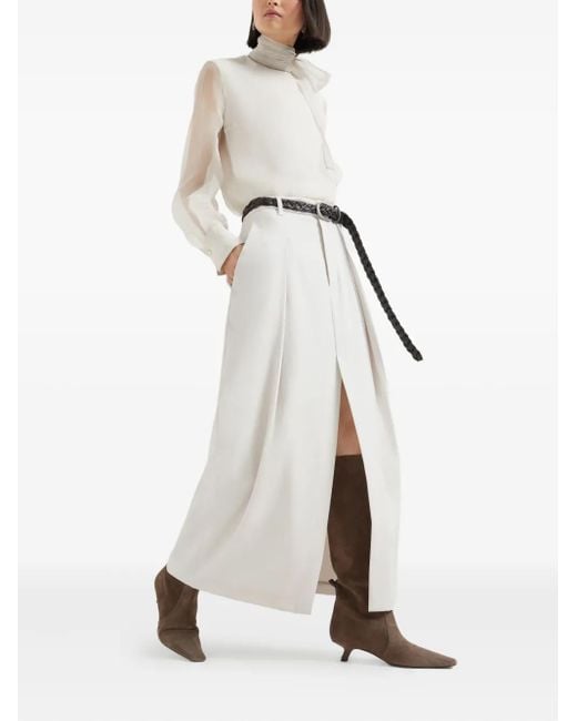 Brunello Cucinelli White Pleated Front-Split Maxi Skirt