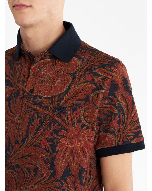 Etro Red Floral-print Cotton Polo Shirt for men