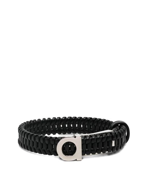 Ferragamo Black Gancini Braided Leather Bracelet for men