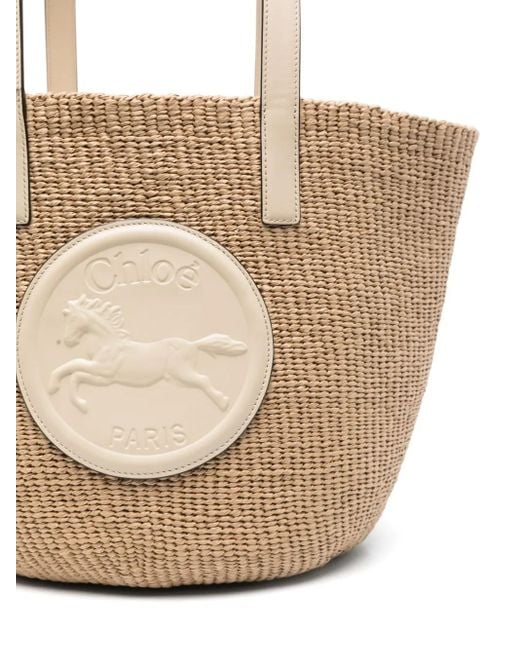 Chloe】ベージュ＆オフホワイトラージ Horse Medal かごトート